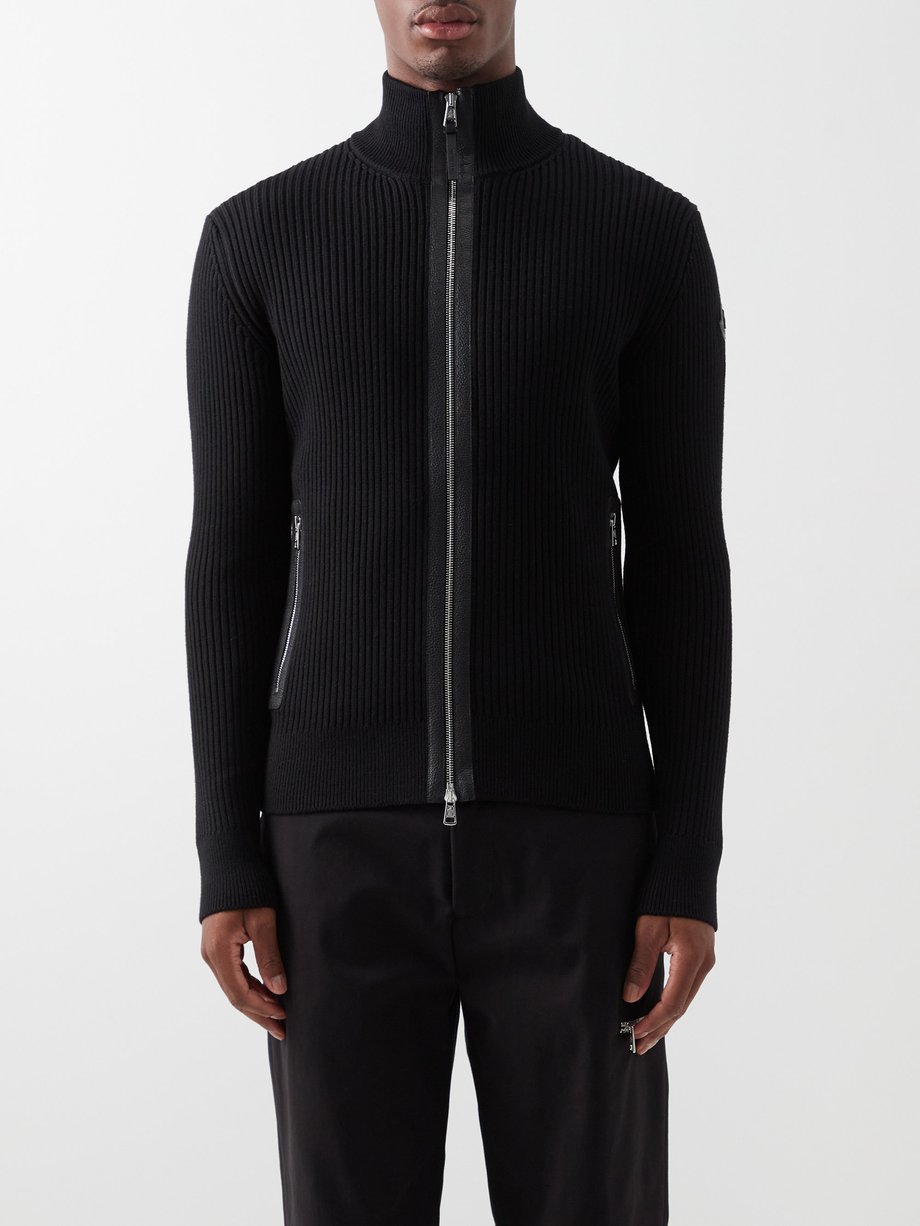 Black Leather-trim zipped ribbed-wool cardigan | Moncler ...