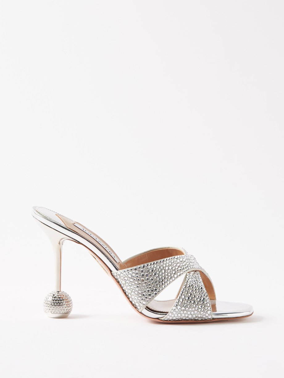 Silver Yes Darling 95 crystal-embellished satin sandals | Aquazzura ...