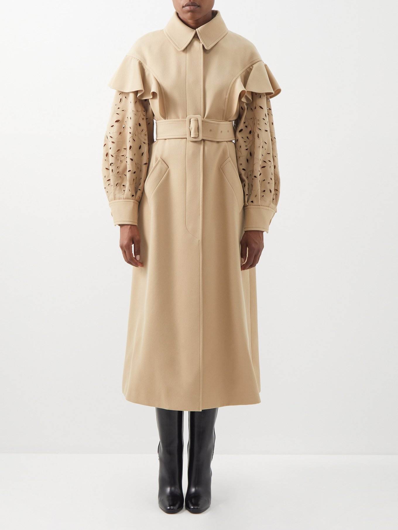 Beige Broderie-anglaise wool-gabardine trench coat | Chloé