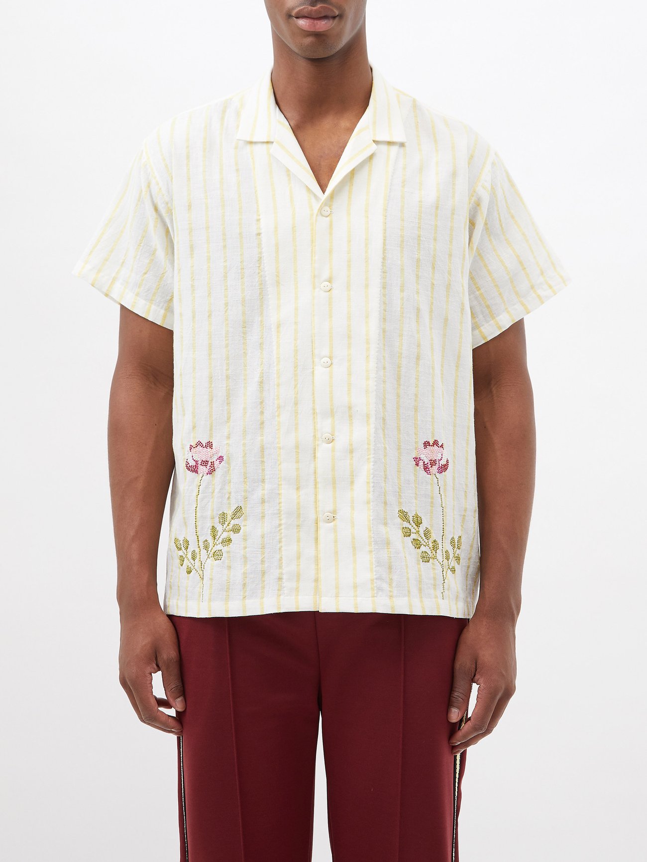 White Stripe cross-stitched cotton short-sleeved shirt | HARAGO ...