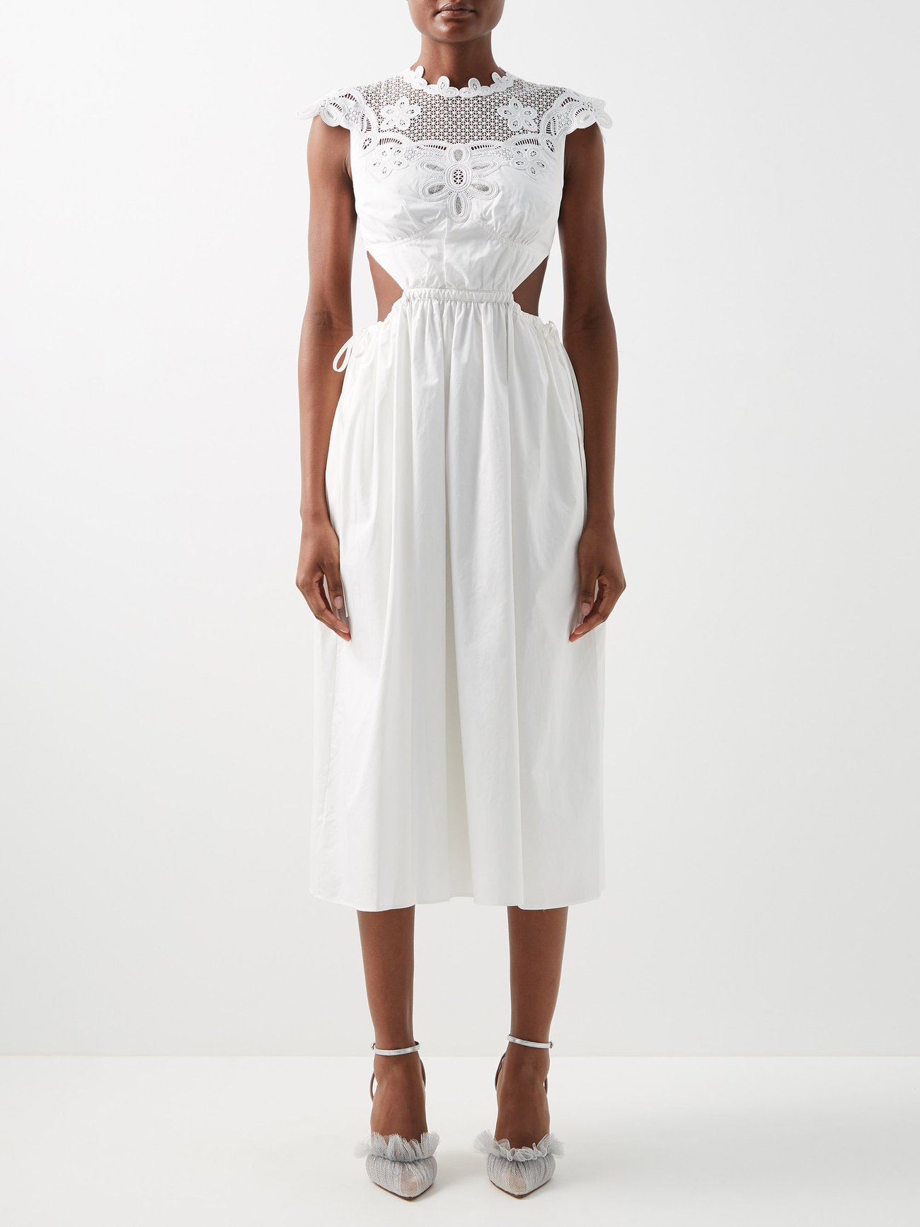 White Cutout cotton-poplin and guipure lace midi dress | Self-Portrait ...