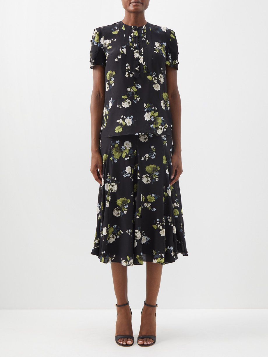 Black multi Heidi Cahun Garden-print short-sleeved silk blouse | Erdem ...