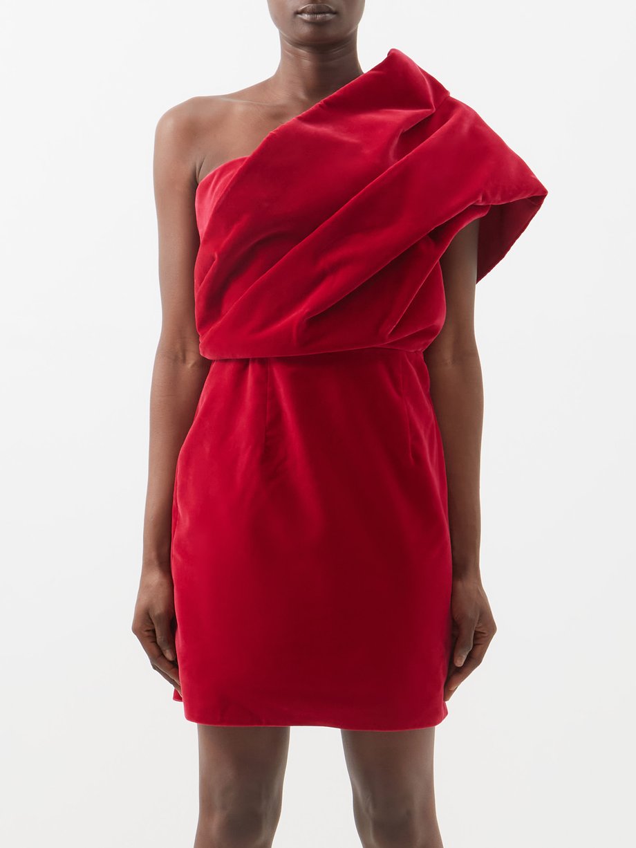 Red One-shoulder ruffled cotton-velvet mini dress | Tom Ford |  MATCHESFASHION US