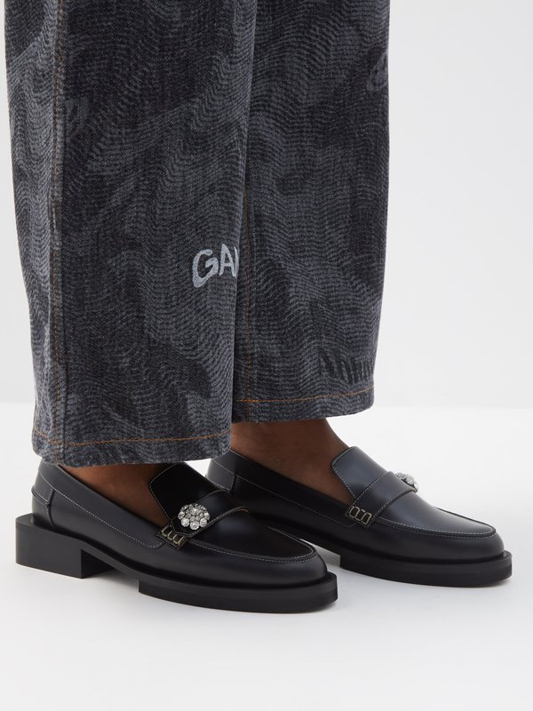 GANNI (Ganni) Crystal-embellished leather loafers