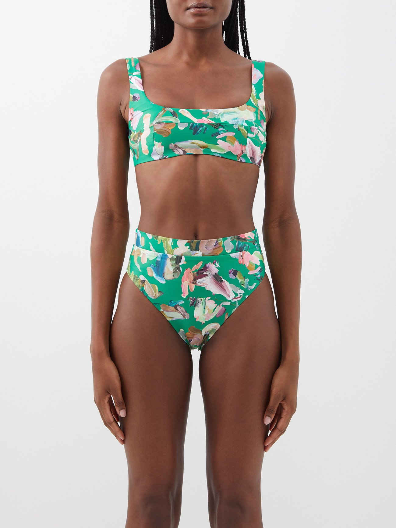 ALÉMAIS Green abstract floral print Arlo square-neck pull-on bikini top.