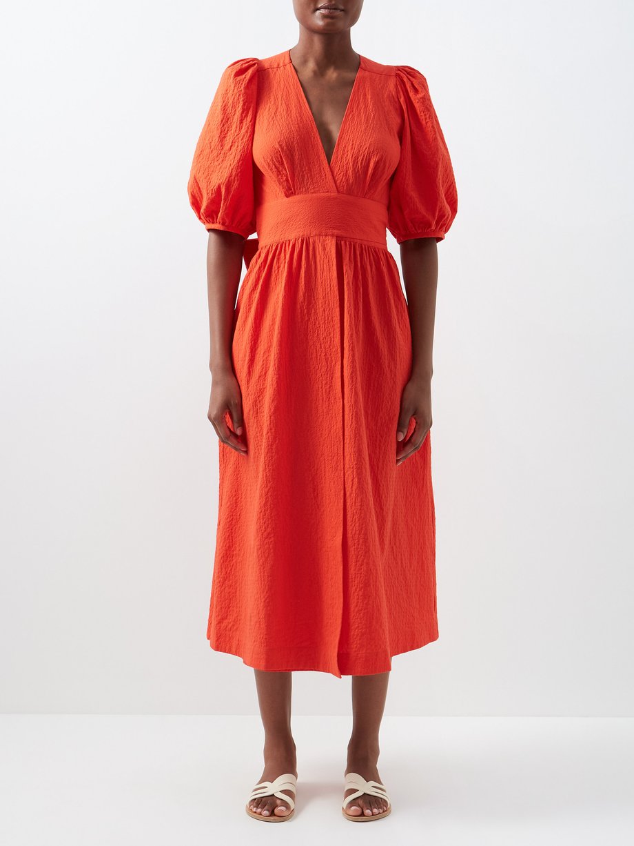 Red Fiona puff-sleeve cotton midi dress | Three Graces London ...