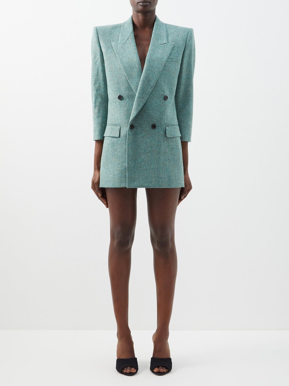 Green Padded-shoulder herringbone-wool blazer dress | Saint Laurent ...