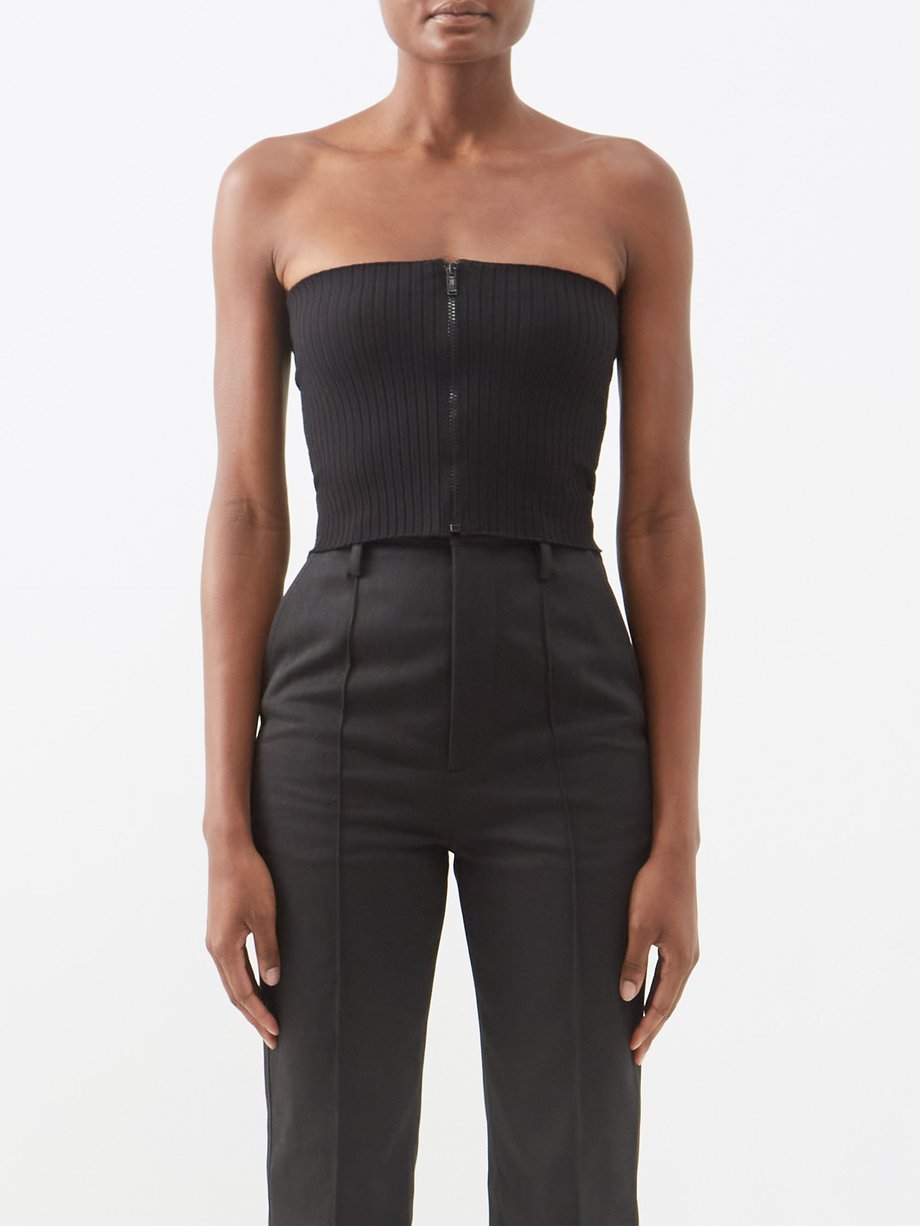 Zip-front ribbed wool-blend bustier top