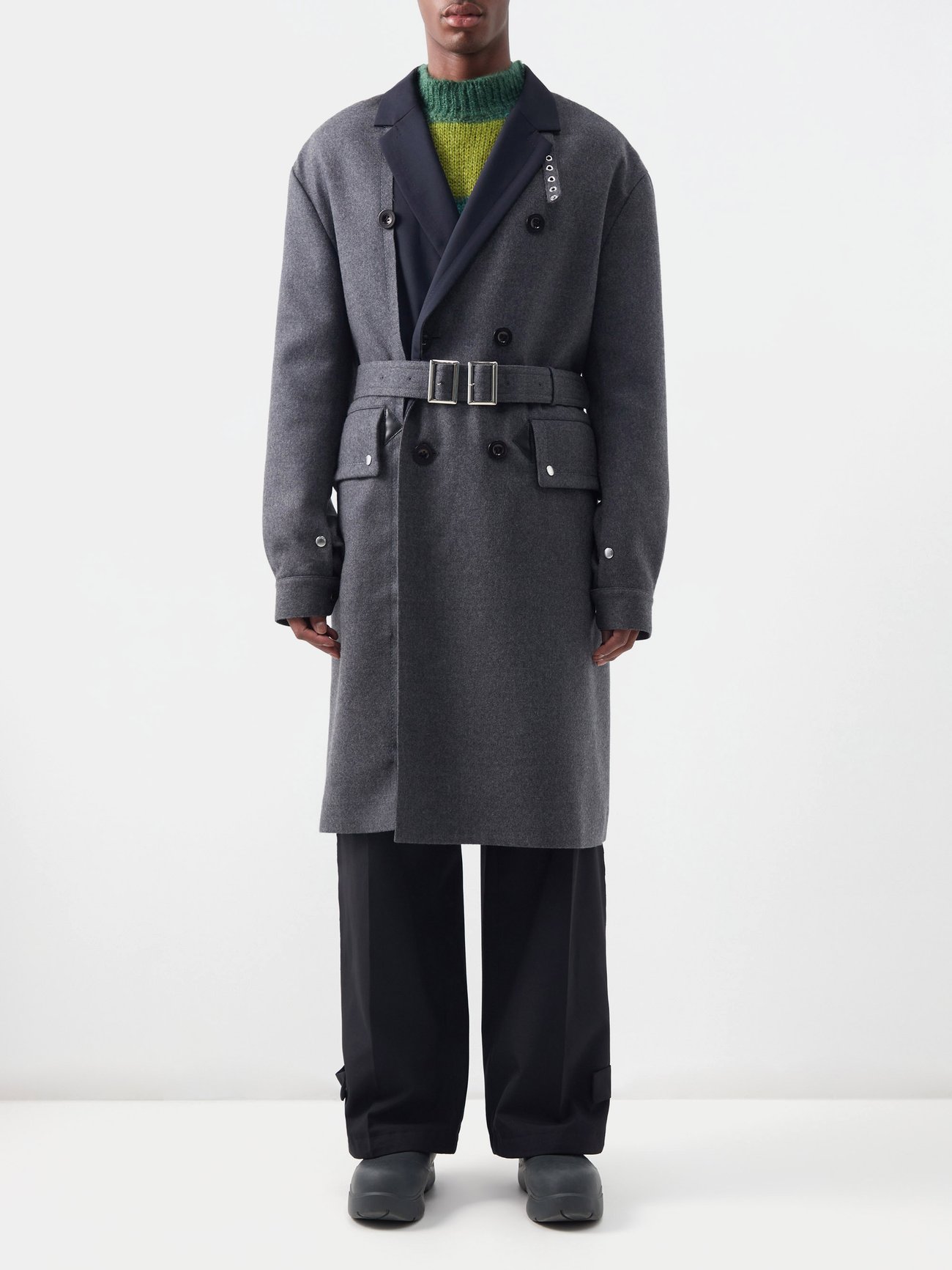 sacai Wool Double Breasted Check Coat | labiela.com