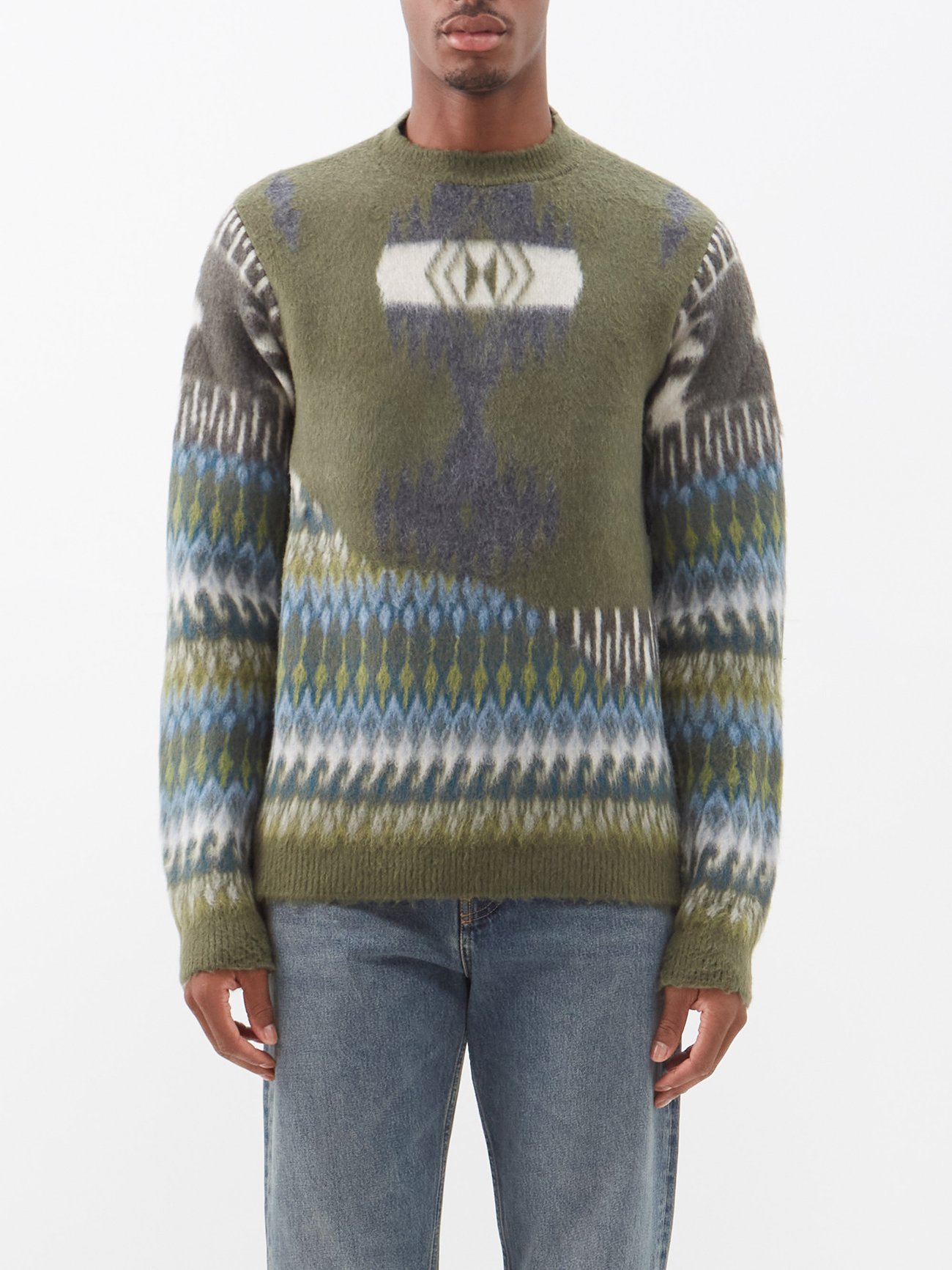 Lardini Gray and Black Jacquard Knit Crew Neck Sweater