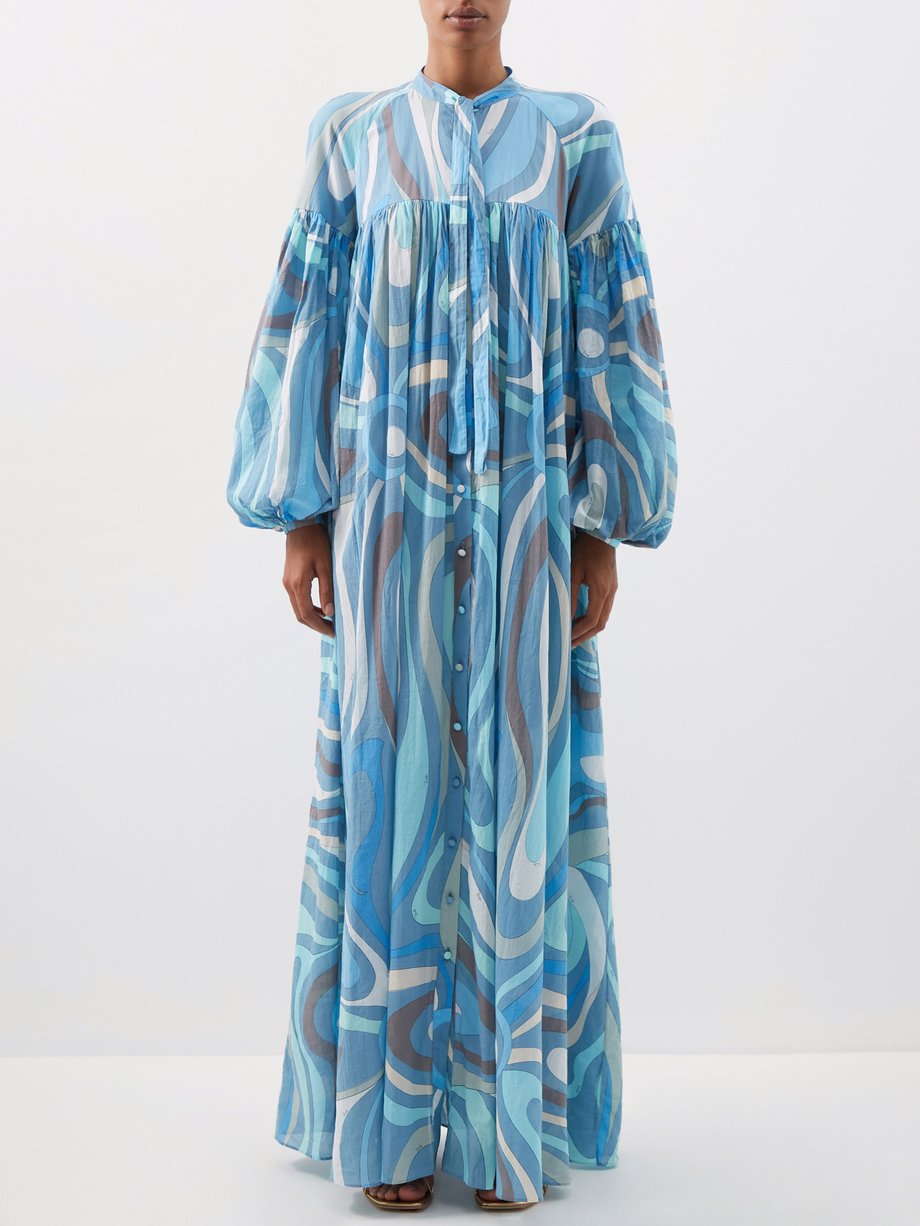 Blue Marmo-print belted cotton maxi dress | Pucci | MATCHESFASHION US