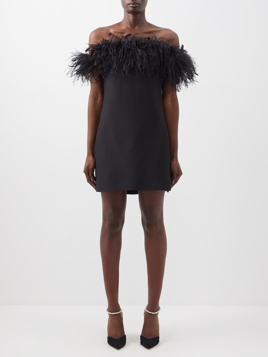 Black Ostrich feather-trimmed wool-blend dress | Valentino Garavani ...