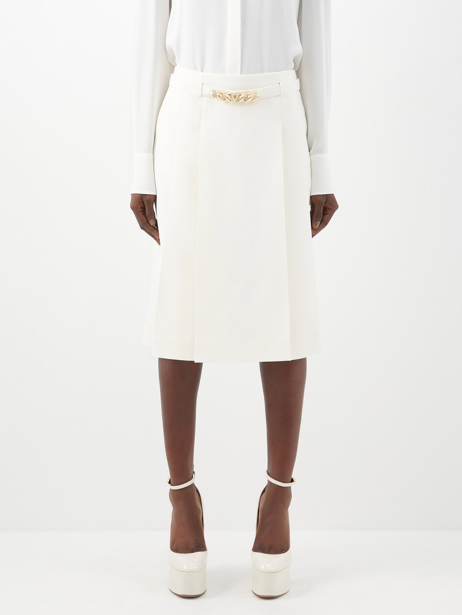 White Crepe Couture V-Logo chain wool-blend midi skirt | Valentino ...