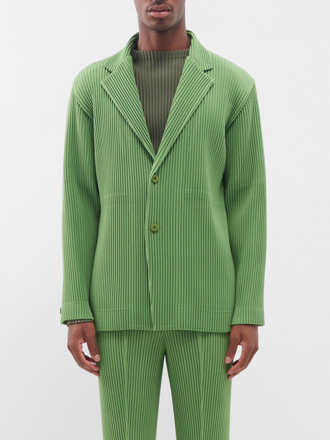 Green Single-breasted technical-pleated suit jacket | Homme Plissé