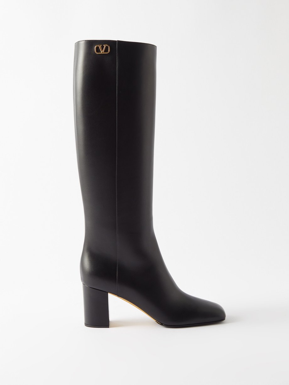 Black Golden Walk V-Logo leather knee-high boots | Valentino Garavani ...