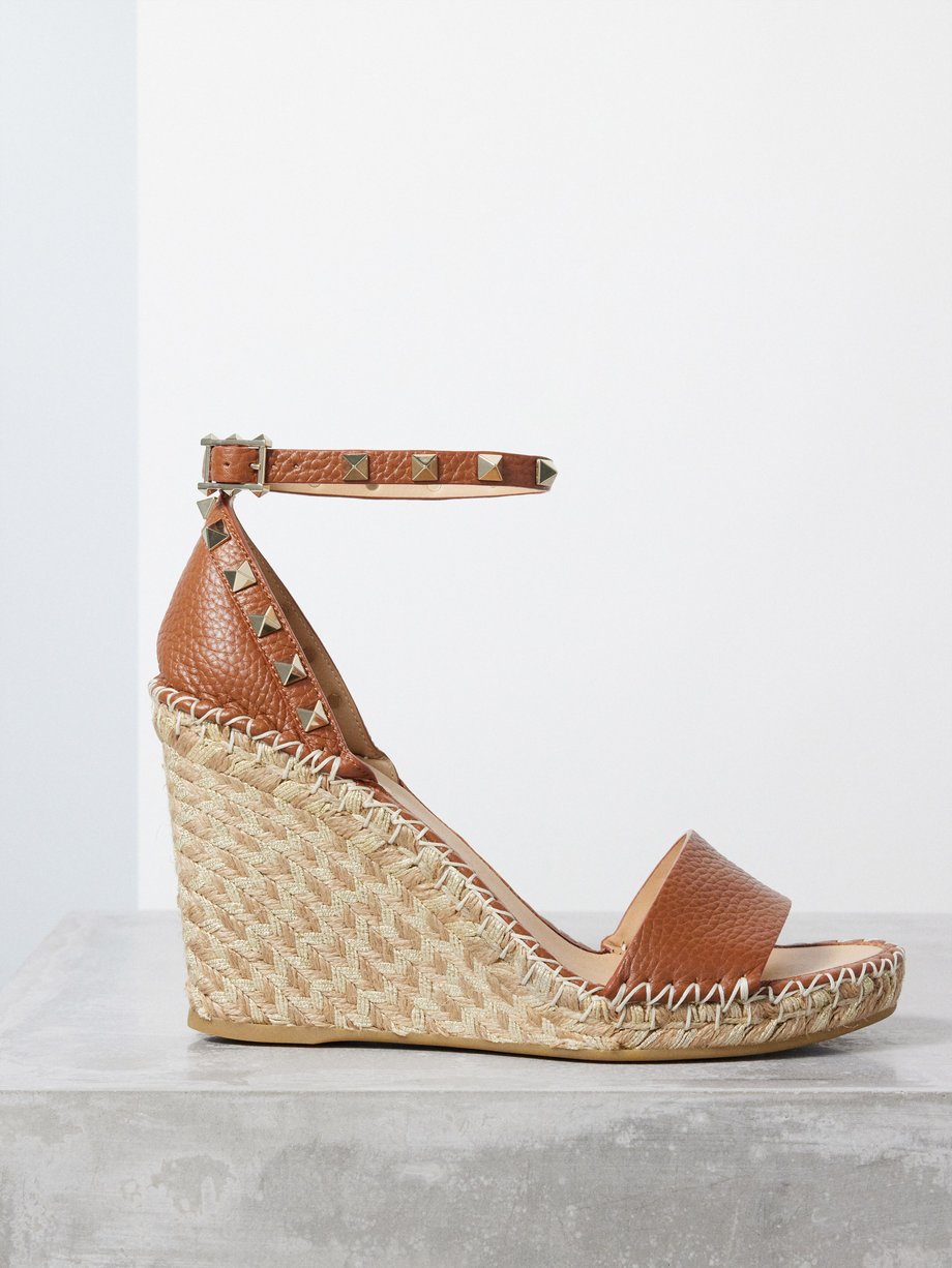 Brown Rockstud 105 leather espadrille wedge sandals | Valentino ...