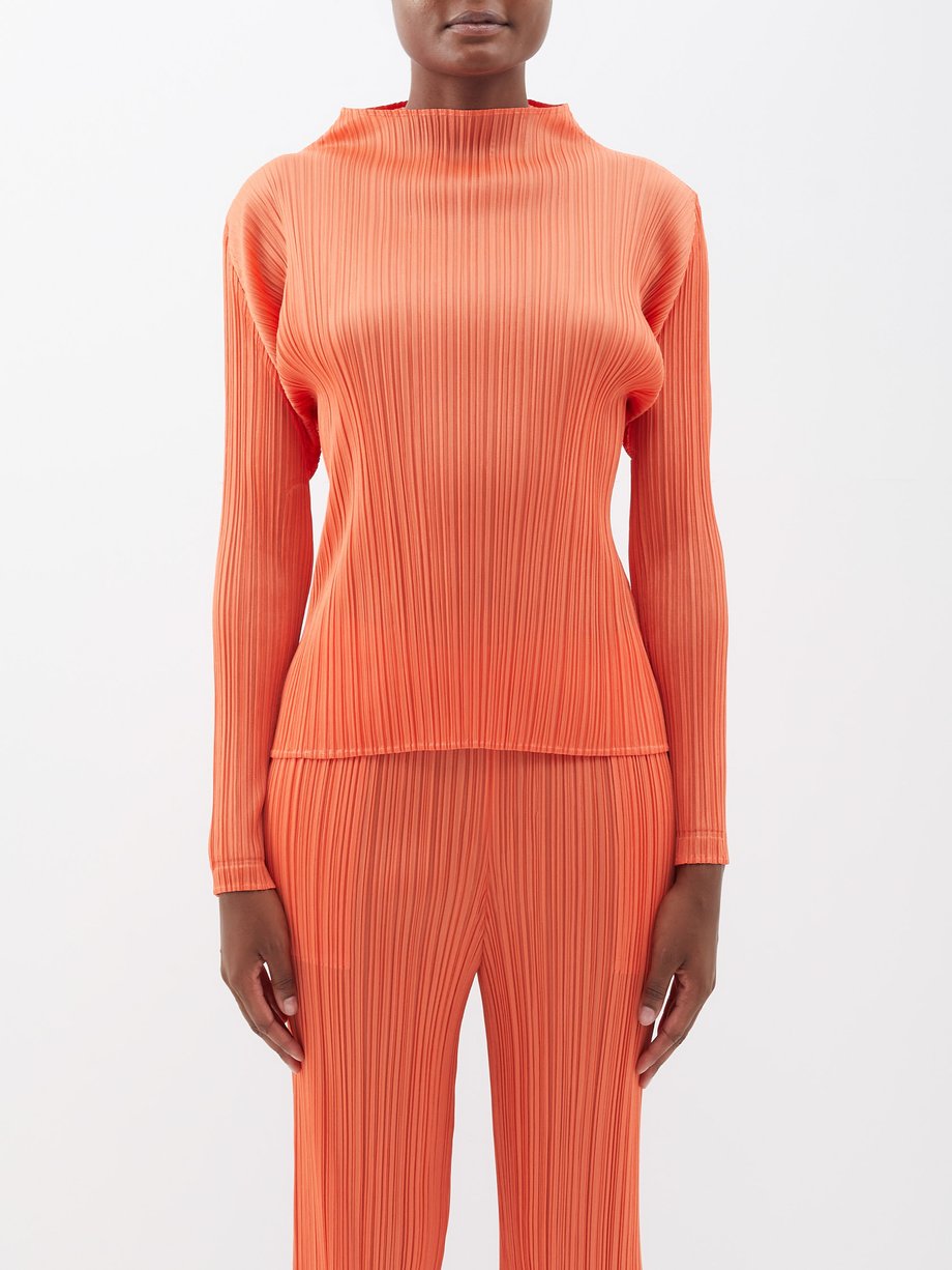 Mock-neck technical-pleated long-sleeved top