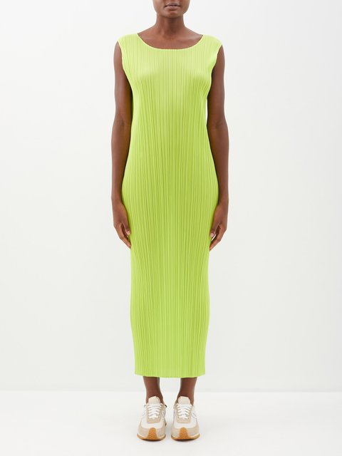 Green Sleeveless technical-pleated midi dress | Pleats Please 