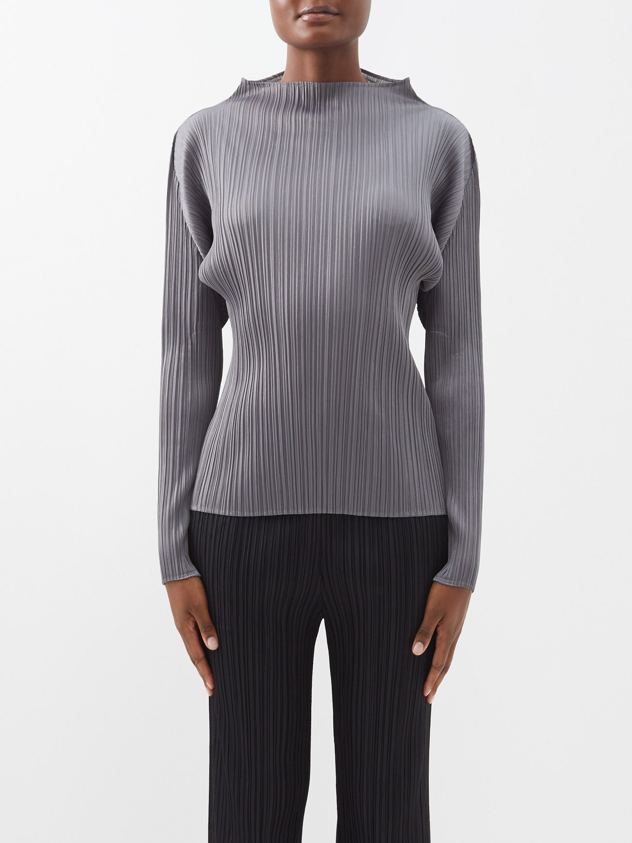 Grey High-neck technical-pleated top | Pleats Please Issey Miyake 