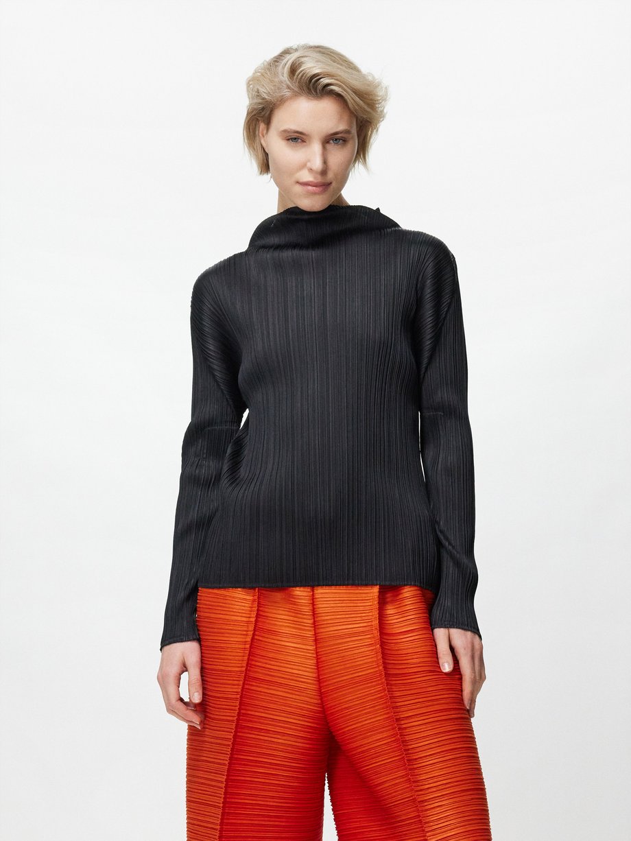 Black High-neck technical-pleated top, Pleats Please Issey Miyake