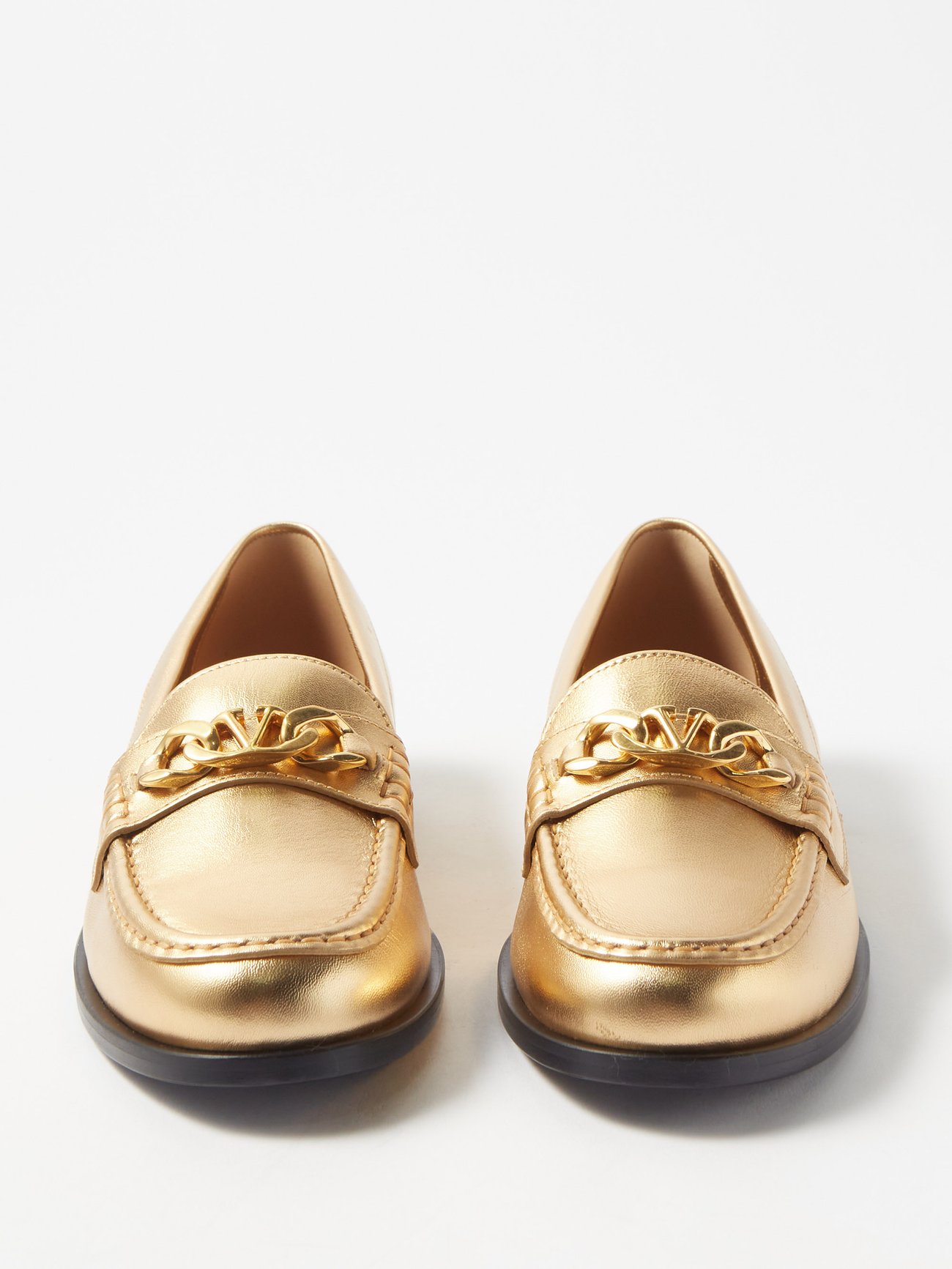 V Logo Chain Metallic Leather Loafers in Metallic - Valentino Garavani