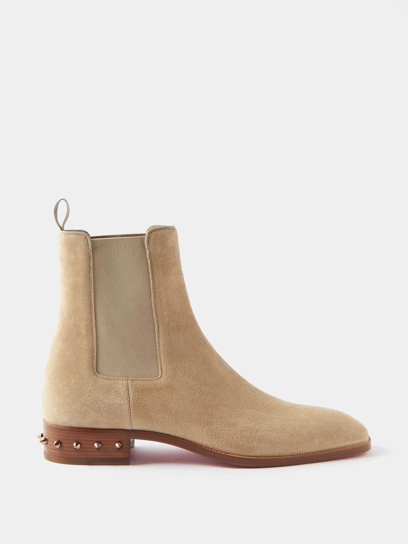 Christian Louboutin Taupe Leather Spiked Red Sole Pull On Chelsea Boots,  W's 35