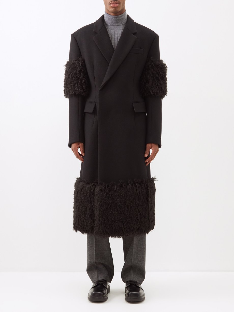 Black Double-breasted shearling-panel wool overcoat | Prada | MATCHES UK