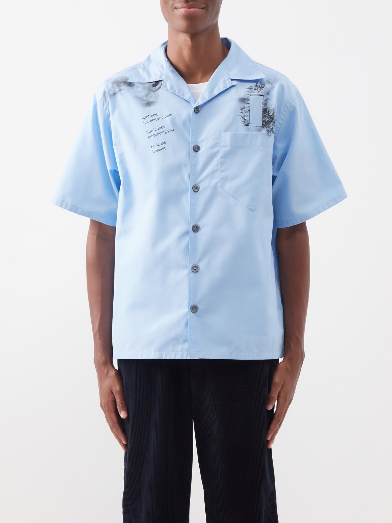 Printed Cotton Bowling Shirt in Blue - Prada