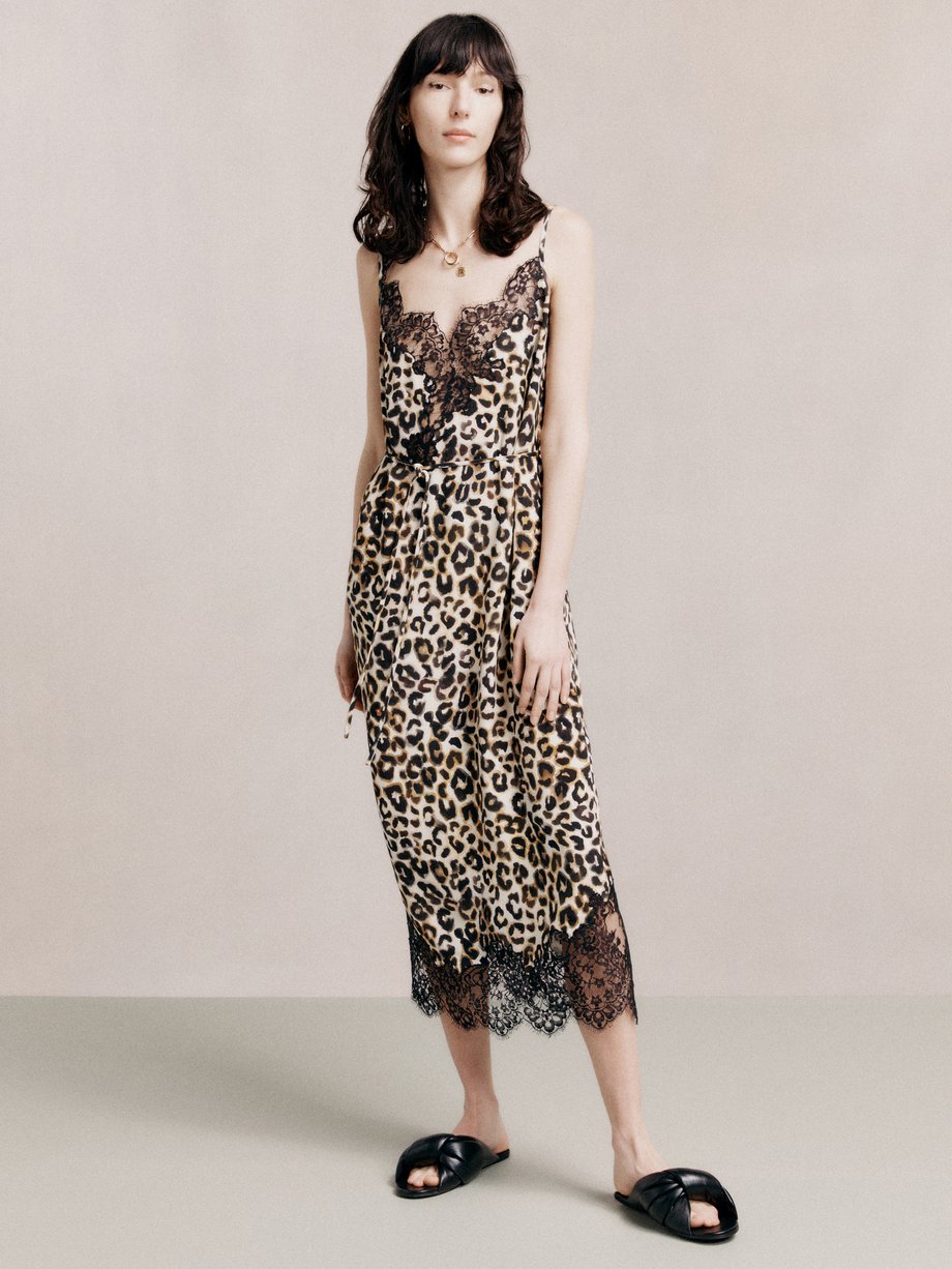 Ivory multi Watercolour leopard lace-trimmed silk slip dress