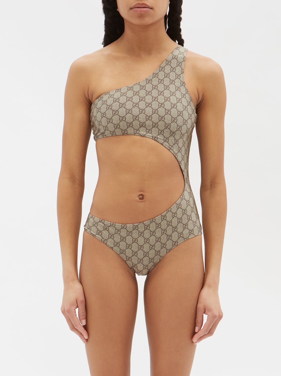Beige GG-monogram shimmer triangle bikini, Gucci