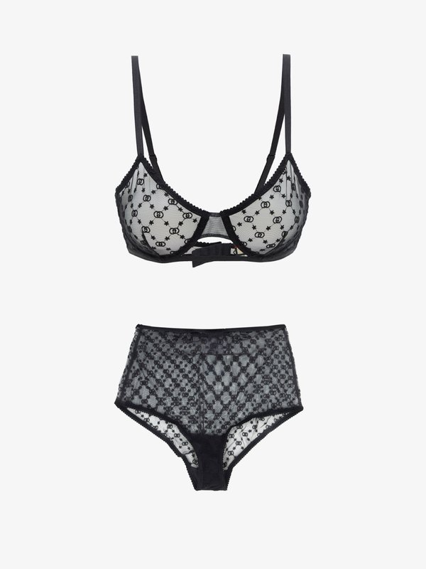 Gucci Gg Logo Sheer-lace Lingerie Set - Woman Underwear Black Xs
