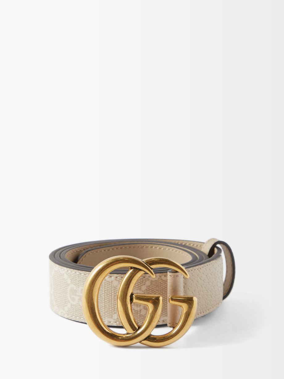 White GG Marmont monogram-print canvas and leather belt, Gucci