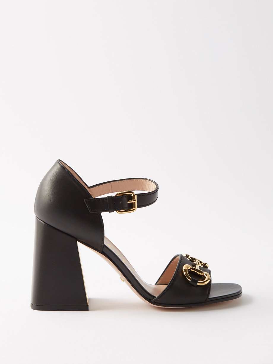 Black Horsebit 95 leather block-heel sandals | Gucci | MATCHESFASHION US