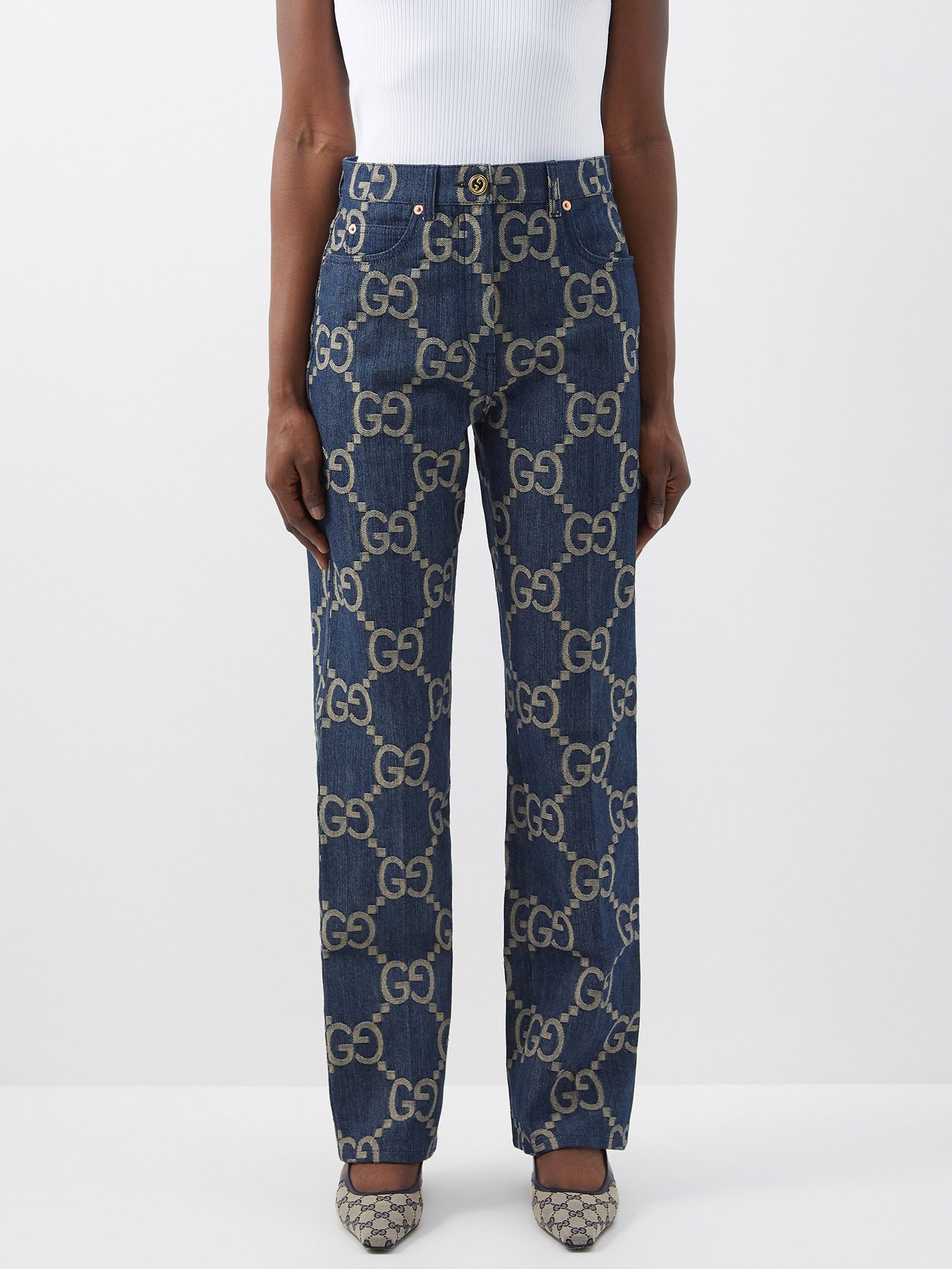 Interlocking G Embellished Straight Jeans in Blue - Gucci