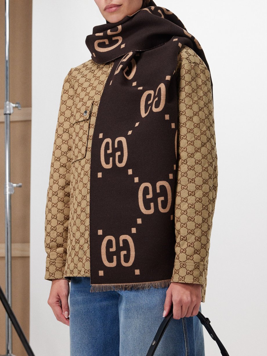 Beige GG-logo jacquard wool-blend scarf | Gucci | MATCHES UK