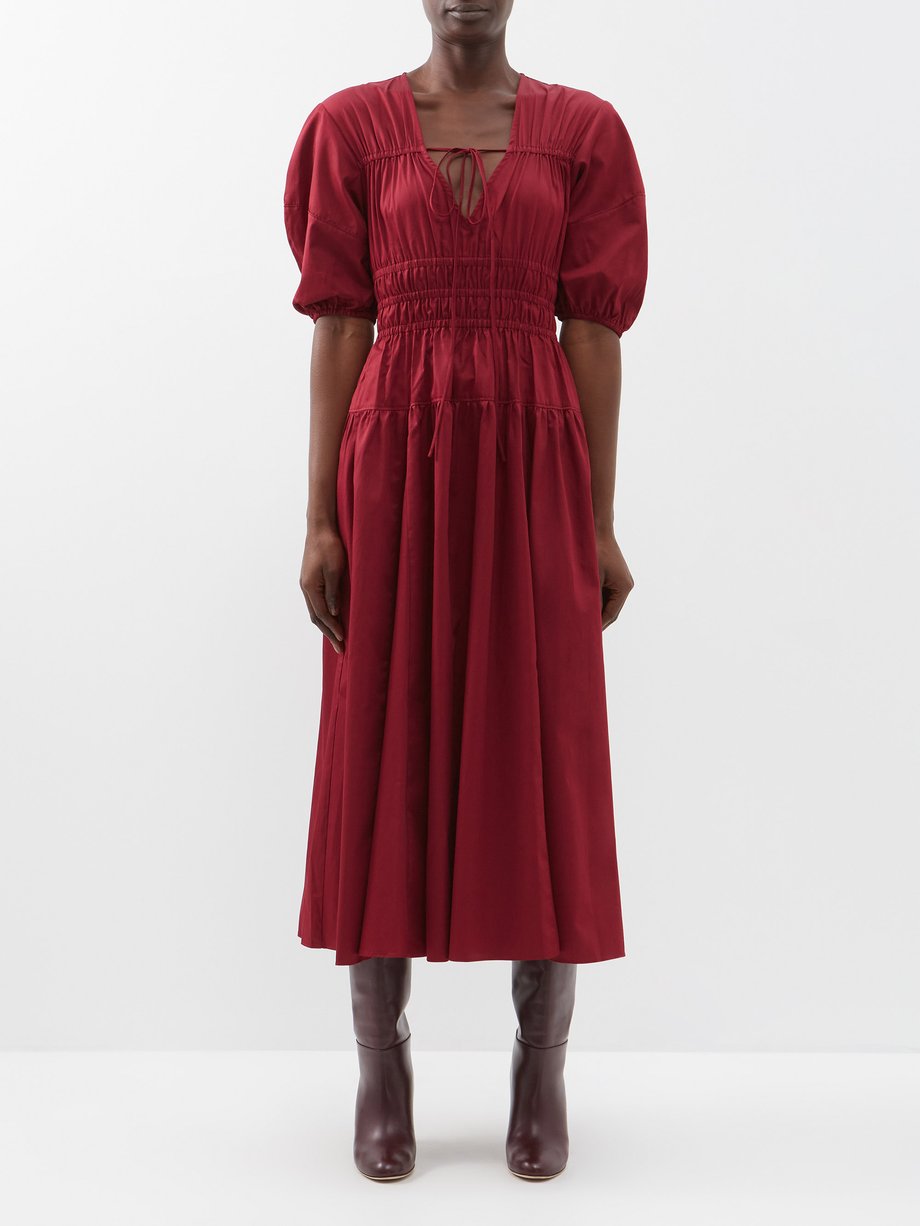 Burgundy Structured elasticated-waist cotton midi dress | La Ligne ...
