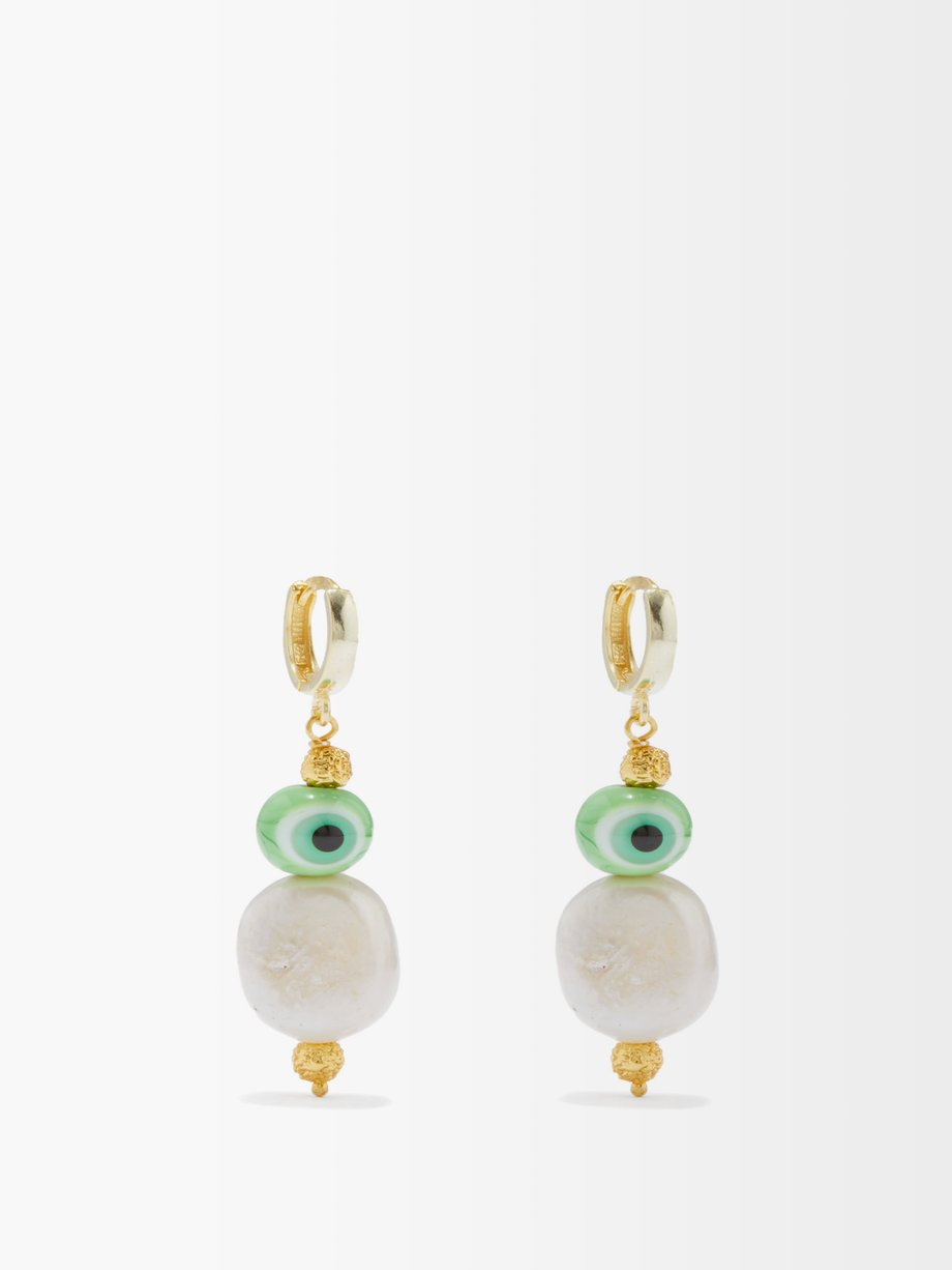 Tohum Evil Eye glass, 24kt gold-plated & pearl earrings