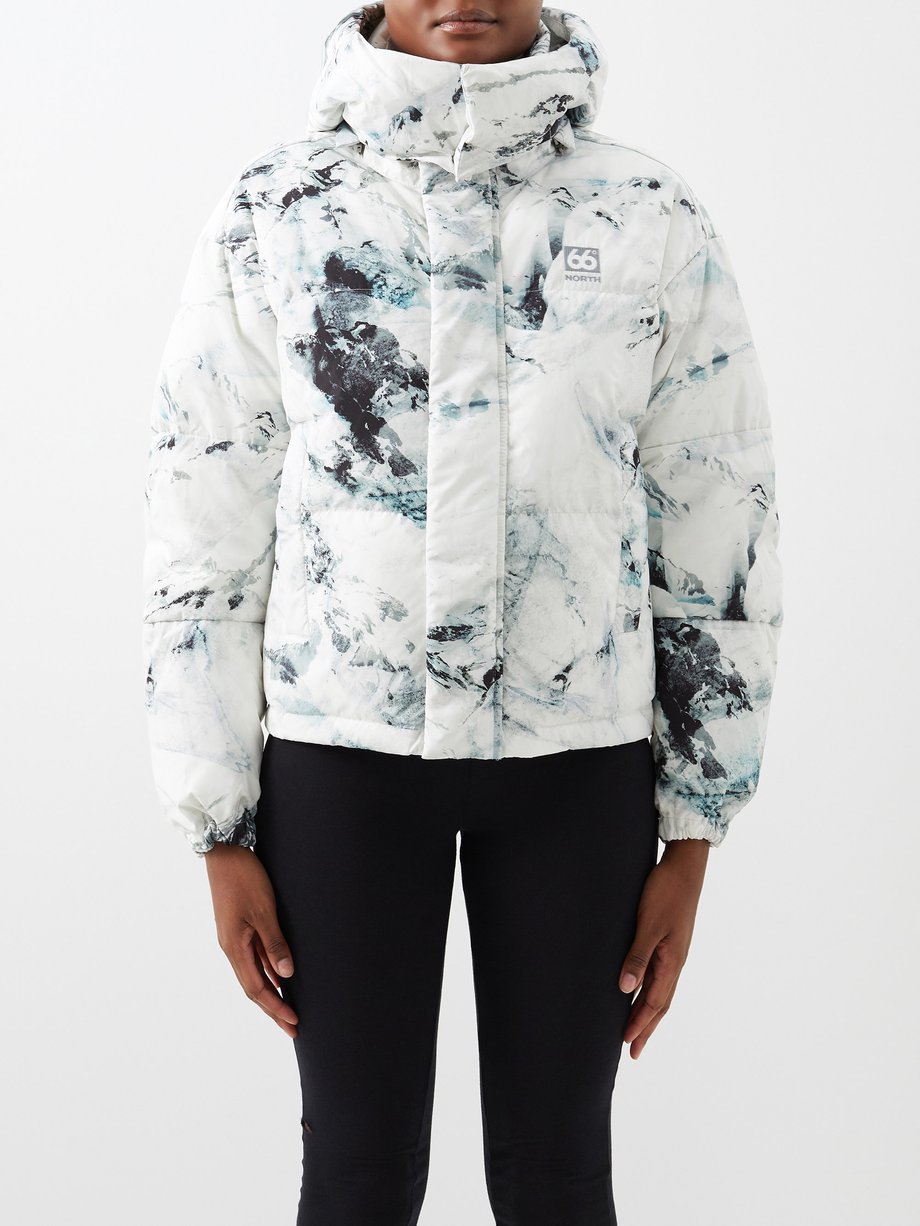 White Dyngja mountain-print hooded down jacket | 66°North