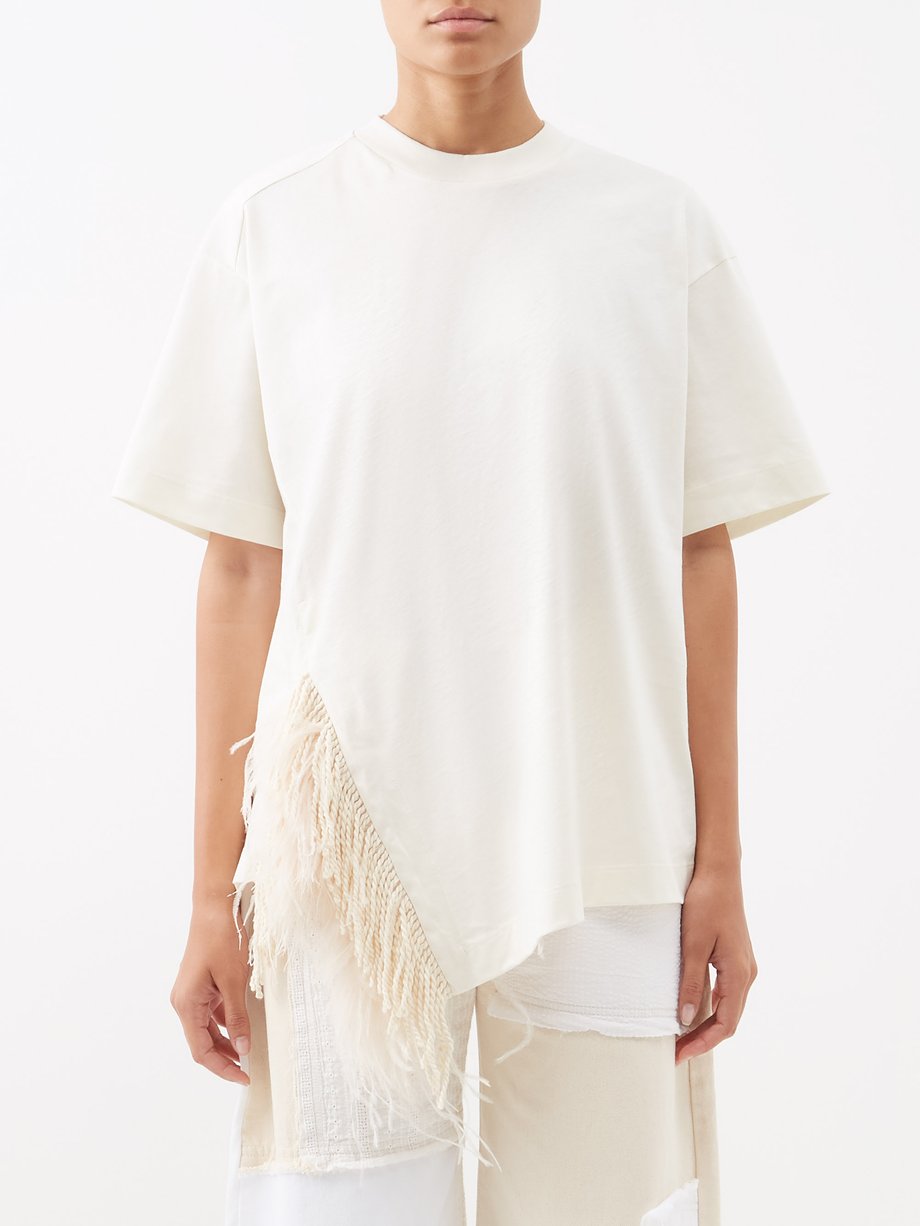 Beige Feather-trim organic-cotton jersey T-shirt | Marques'Almeida ...