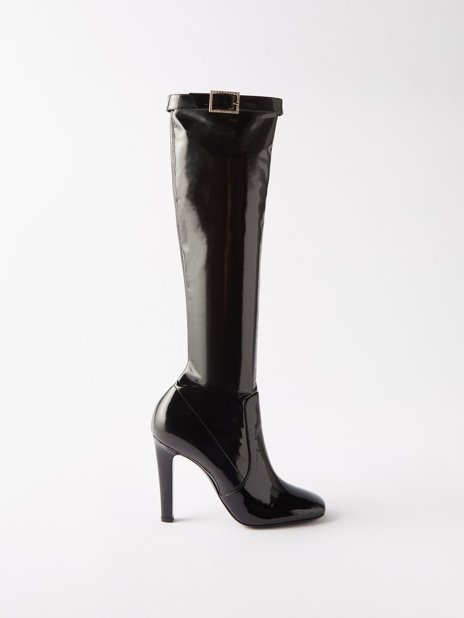 Black Elle 105 crystal-buckle leather knee-high boots | Saint Laurent ...