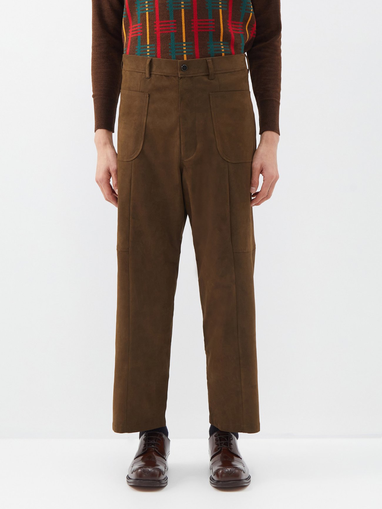 Brown Patch-pocket faux-suede flared trousers | Sasquatchfabrix