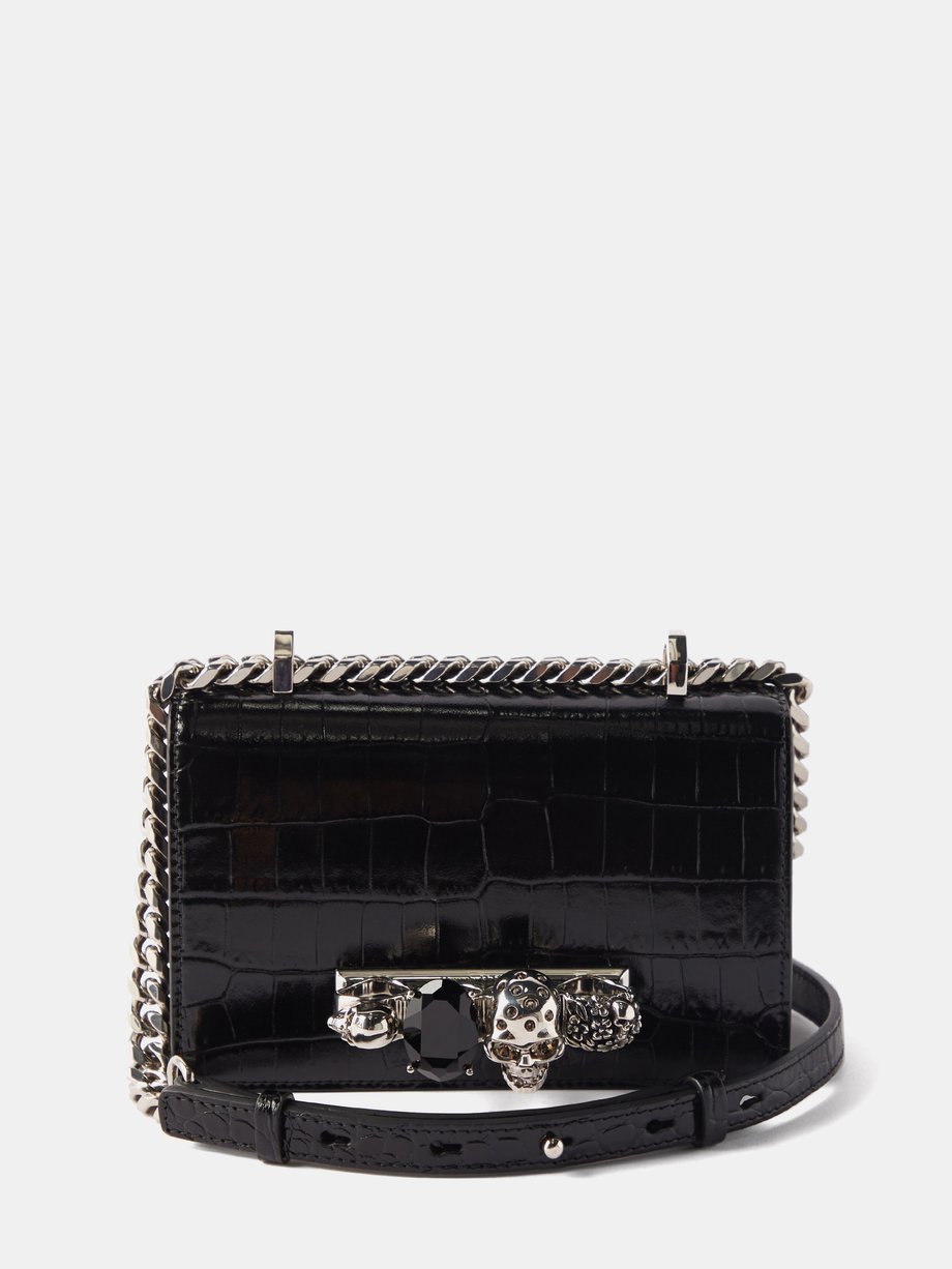 Black Jewelled mini croc-effect leather cross-body bag | Alexander ...