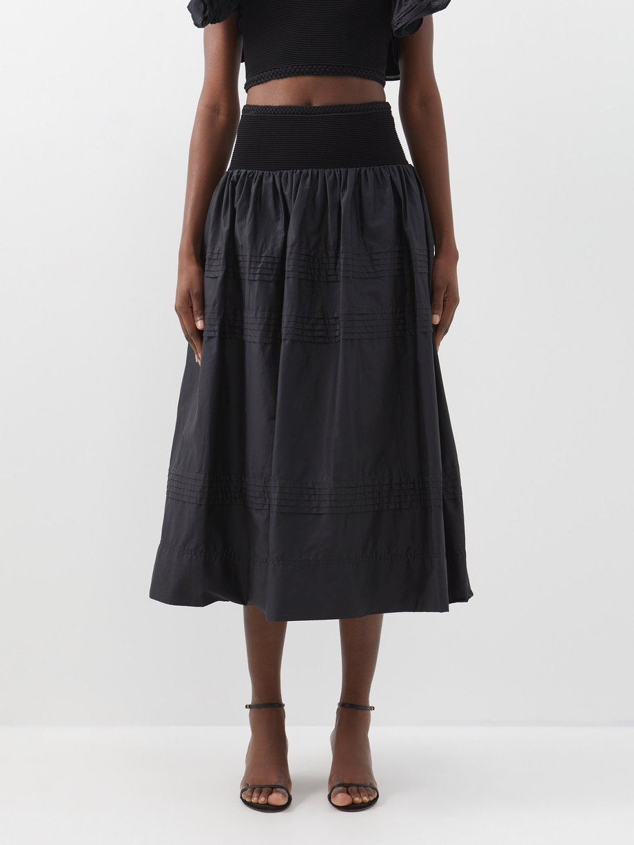 Black Rosalie knitted-waist pleated cotton midi skirt | Aje ...