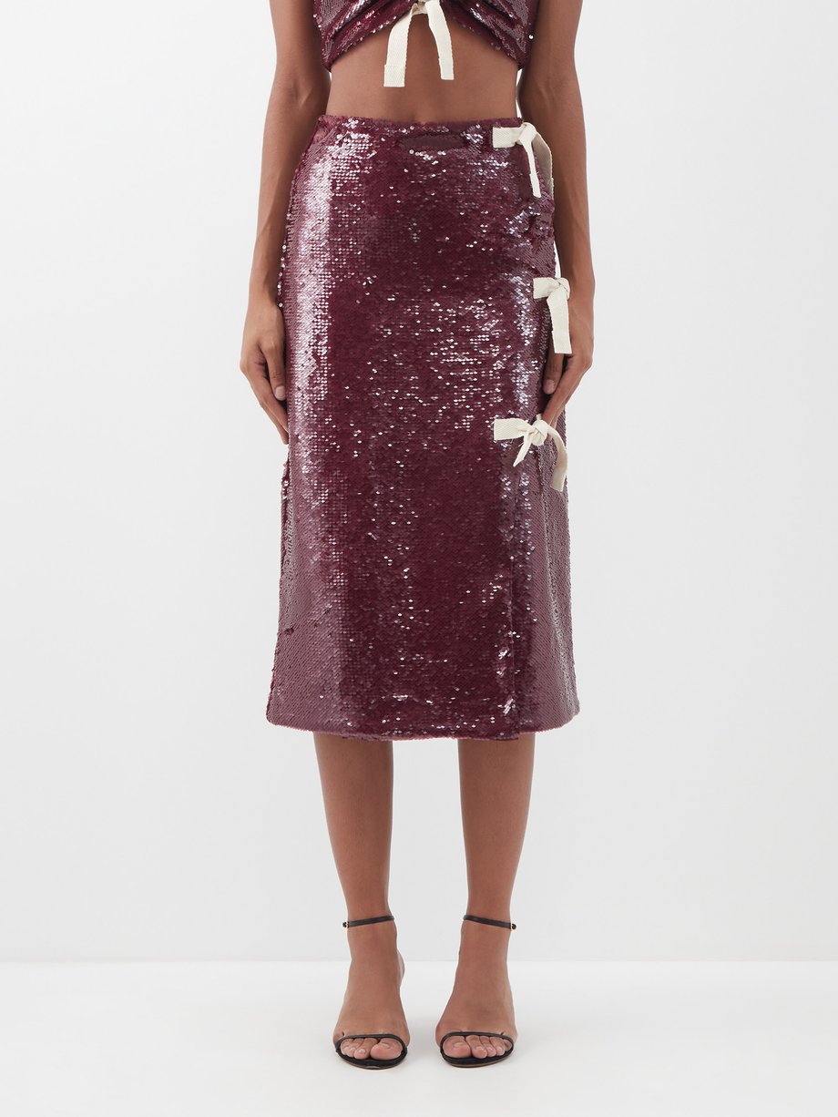 Burgundy Bow-embellished sequinned midi skirt | Ganni | MATCHESFASHION US