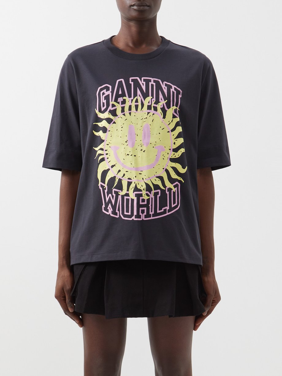 Black Ganni World smiley organic-cotton T-shirt | Ganni | MATCHESFASHION UK