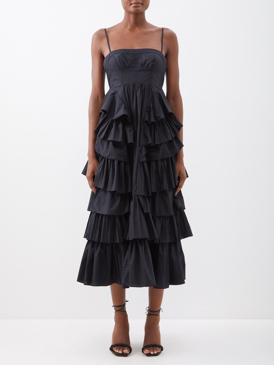 Black Avery tiered cotton-poplin midi dress | Ulla Johnson ...