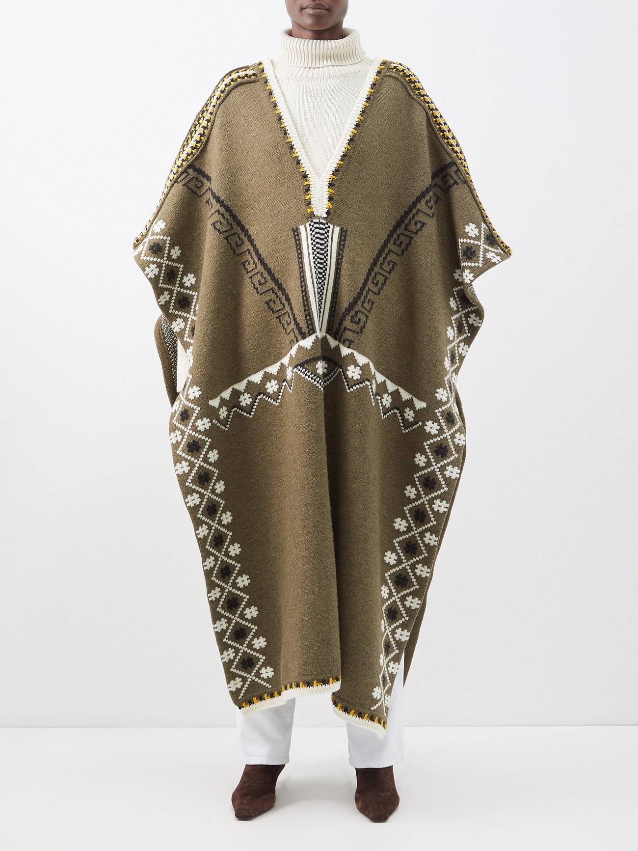 Jacquard-patterned wool-blend poncho