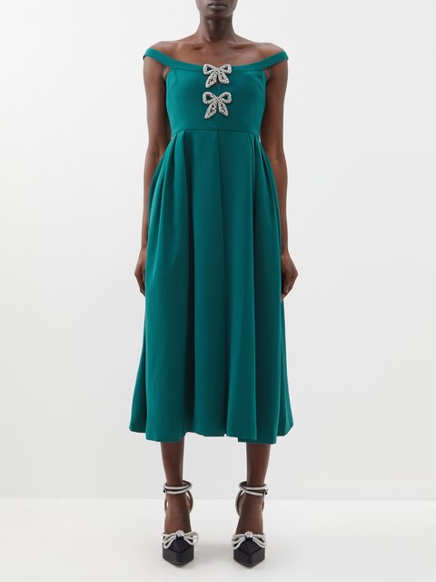 Green Crystal-embellished bow-tie crepe midi dress, Self-Portrait