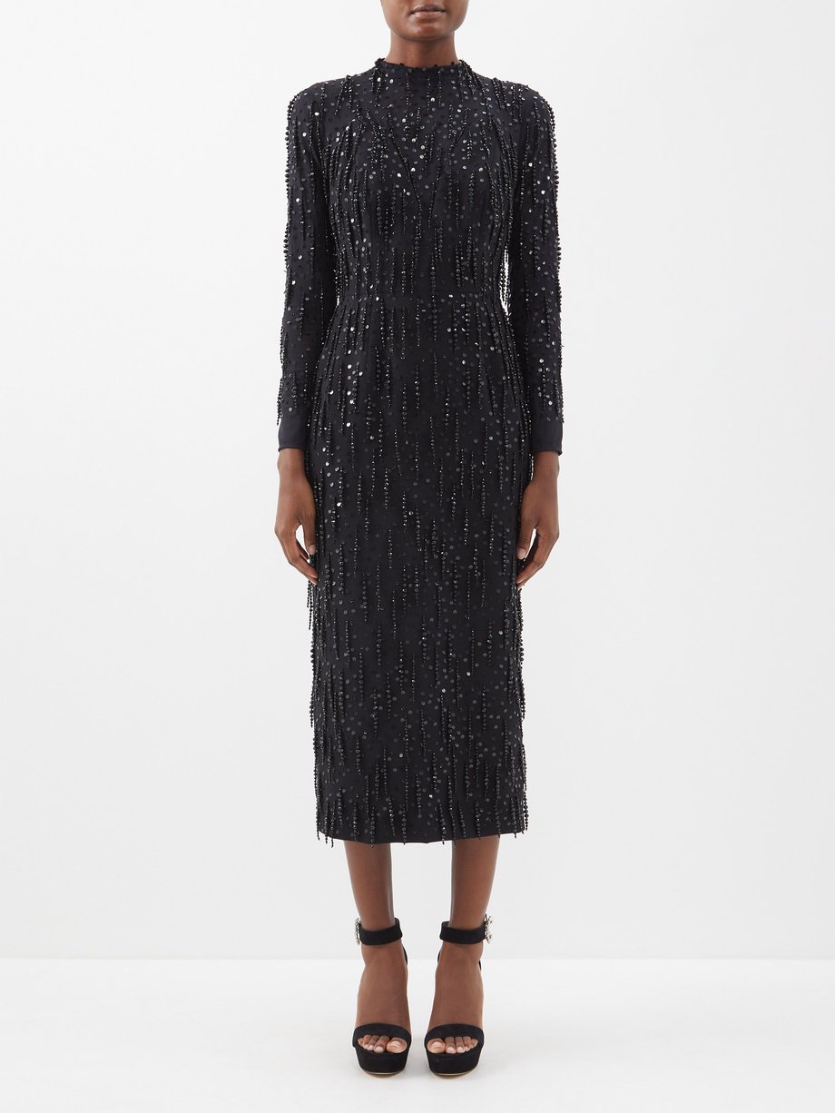 Black Bead-embroidered crepe midi dress | Carolina Herrera ...