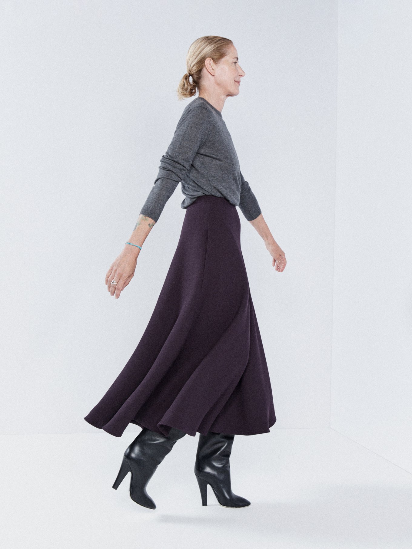 Wool Crepe amp; Leather Midi Skirt